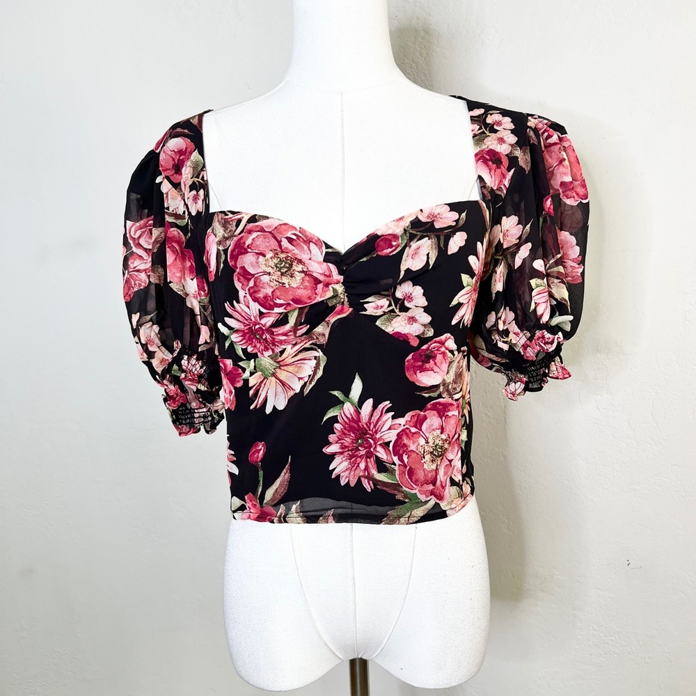 Petal + Pup XL Black Pink Floral Puff Sleeve Sweetheart Crop Top‎ Blouse Shirt
